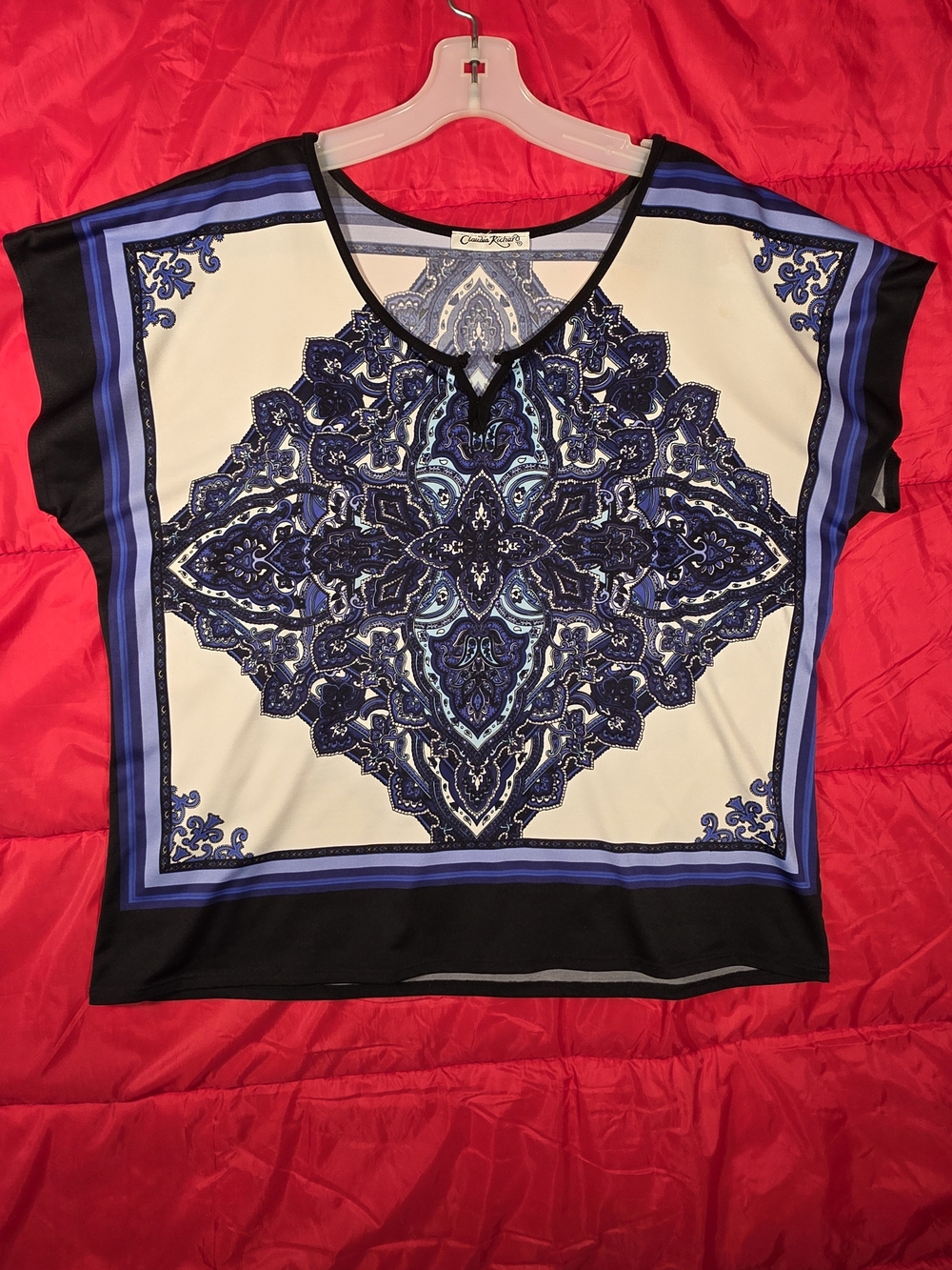 Claudia Richard Cream Top with Blue and Black Medallion Print